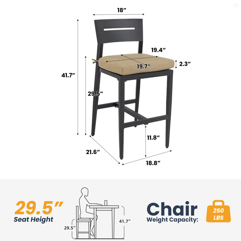 Modern Outdoor 2PC Bar Stools, Aluminum Patio Bar Chair With Ergonomic Backrest, Tapered Legs, Footrest, Ember Black, Sunbrella Cushion, Weather-Resistant, For Garden, Poolside, And Kitchen Island
