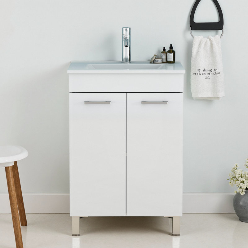 Glossy White 24-Inch Bath Vanity with Ceramic Sink, Cabinet & Soft-Close Doors