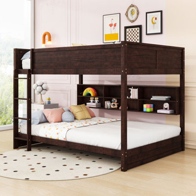 Queen Over Queen Wooden Bunk Bed With Built-In Storage Shelves And Charging Station
