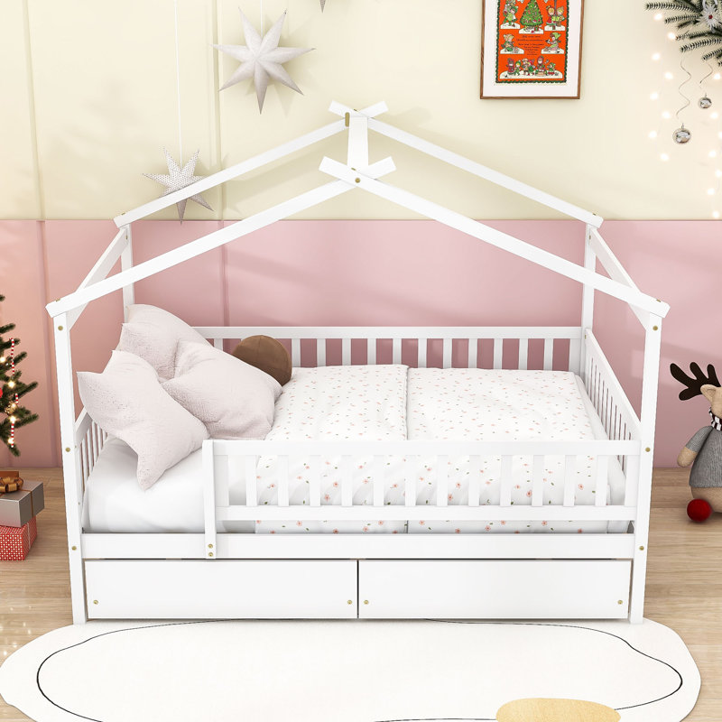 Lit de maison avec tiroirs de rangement et toit Ansam, Double, Blanc