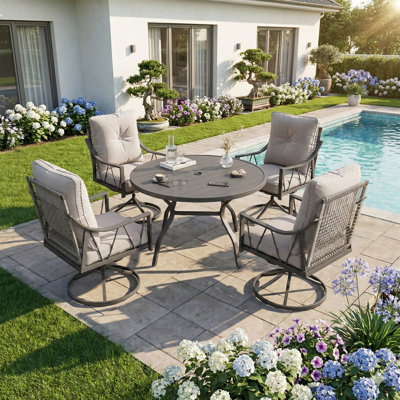 5-piece Outdoor Patio Dining Set, 4 Wicker Swivel Rocking Chairs With 4" Cushions, 42" Round Table With Adjustable Umbrella Hole For Yard, Backyard, Black