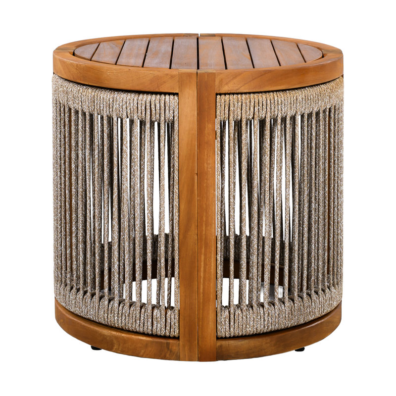 16.9" All-weather Wood Outdoor Side Table, Handwoven Rope Accent, Patio Decor, Low-maintenance, Tint