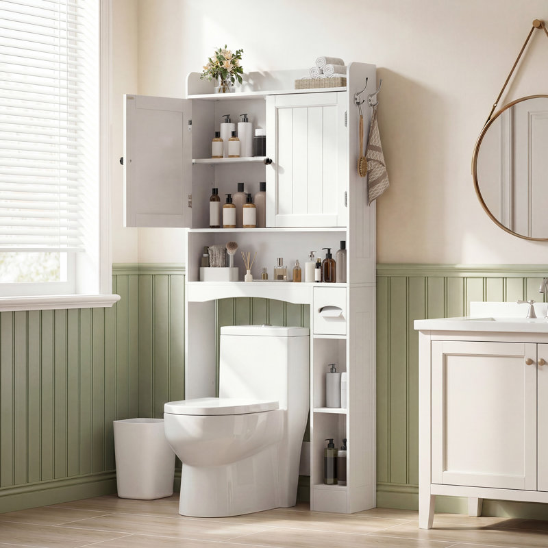 Freestanding Over-the-Toilet Storage with Storage Cabinet, Adjustable Shelves, Anti-Tip Device & Tissue Holder for Bathroom
