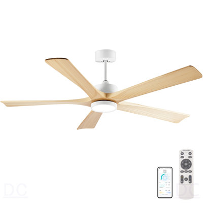 Ventilateur de plafond de 60 pouces avec lumière, 5 pales en bois massif, fixation par tige pour plafond incliné ≤15 °, moteur CC réversible silencieux, application et télécommande, 6 vitesses, minuterie, DEL à spectre complet à intensité variable