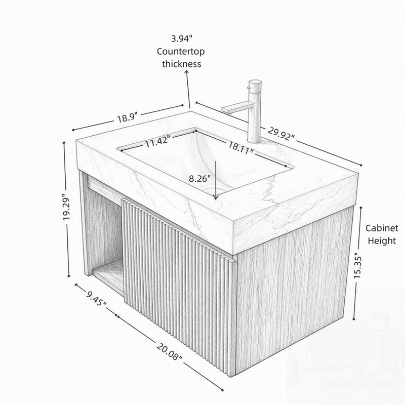 Meuble-lavabo avec lavabo suspendu, comptoir en pierre frittée veinée et lavabo en céramique., 1, 30", Beige et or