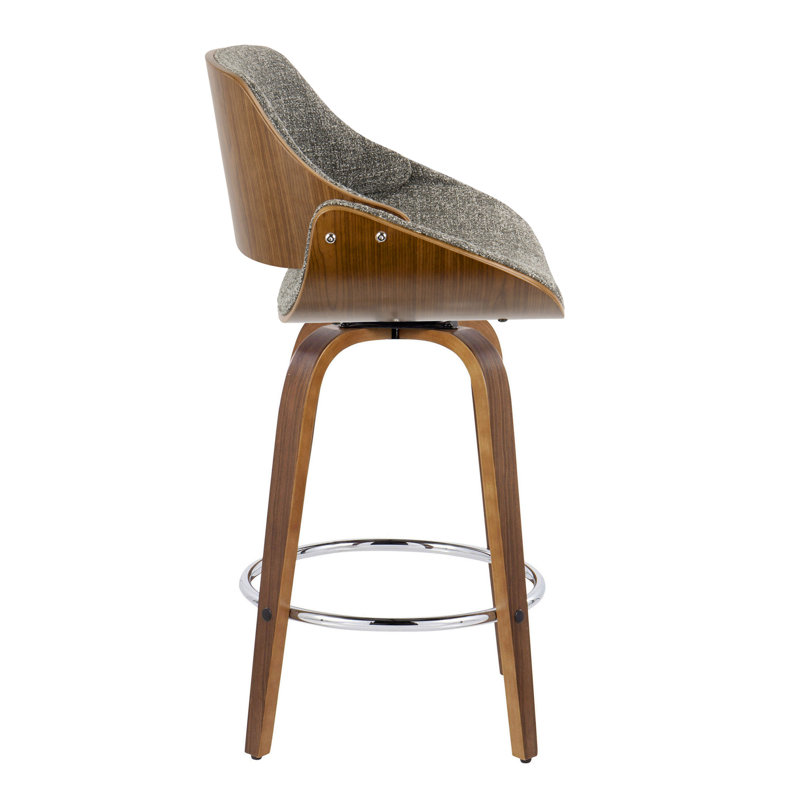 Linnetta 26" Mid-Century Modern Fixed-Height Counter Stool With Swivel In Walnut Wood And Noise Grey Fabric With Round Chrome Metal Footrest- Set Of 2