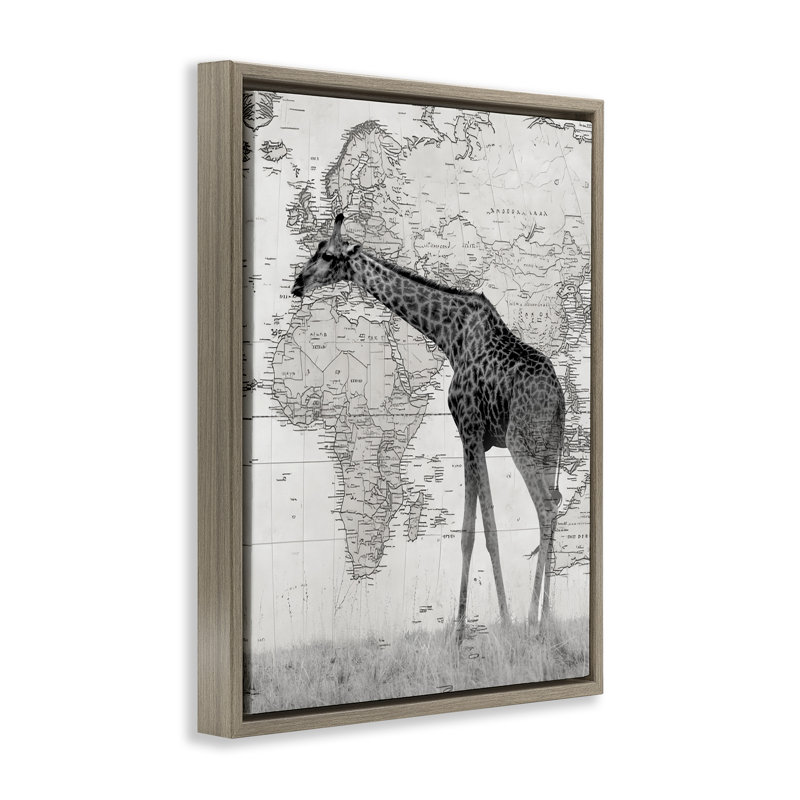 Girafe sauvage avec carte du monde, H 31 po x l 25 po, Cadre flottant orme Montalcino