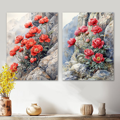 Pivoines par le Rocky Outcrop I - ensemble de 2 reproductions d'art en métal pivoines rouges