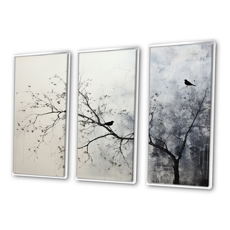 Minimalisme, oiseaux monochromes sur branche II - ensemble de décoration murale arbre, Cadre flottant blanc