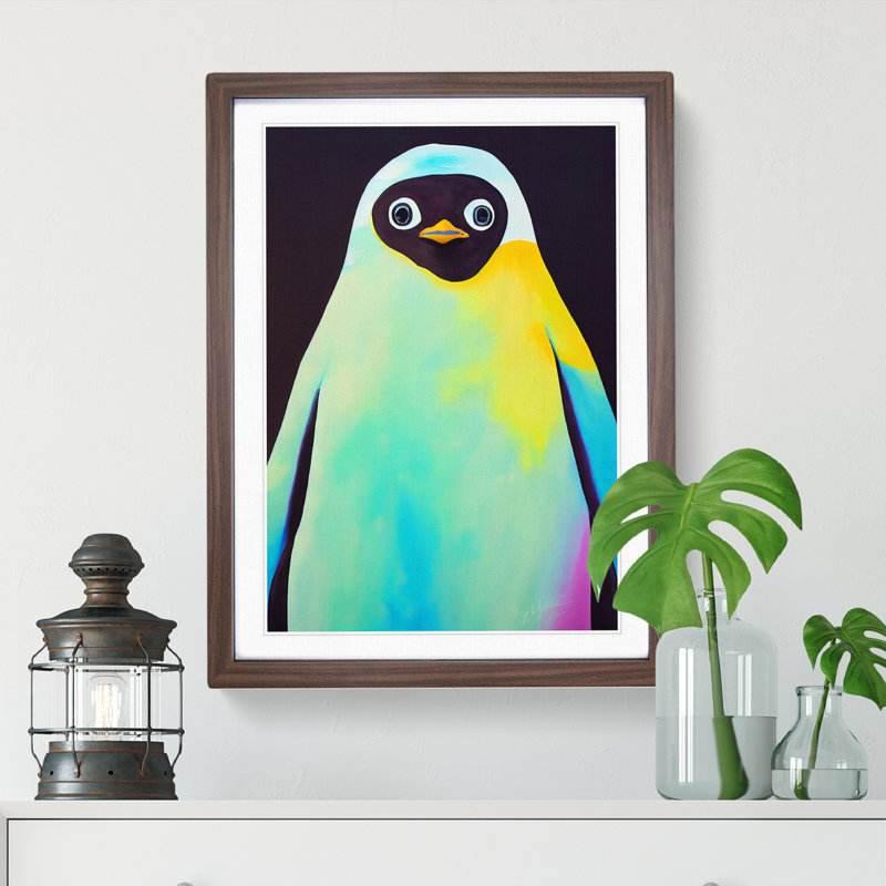 Penguin In Colour No.4 - Print, Walnut Picture Frame, 34cm H x 25cm W, White