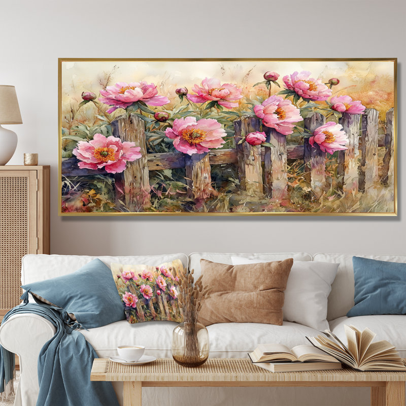 Ferme pivoines par la clôture rustique I - pivoines, art mural, H 28 po x l 60 po, Impression encadrée flottante, Doré