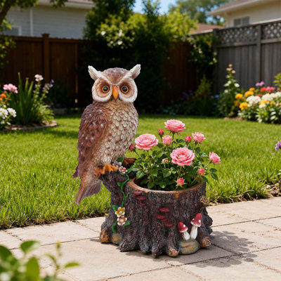 Chouette assise avec tronc d'arbre jardinière - Figurine rustique en polyrésine hibou et pot de fleurs pour décoration intérieure et extérieure