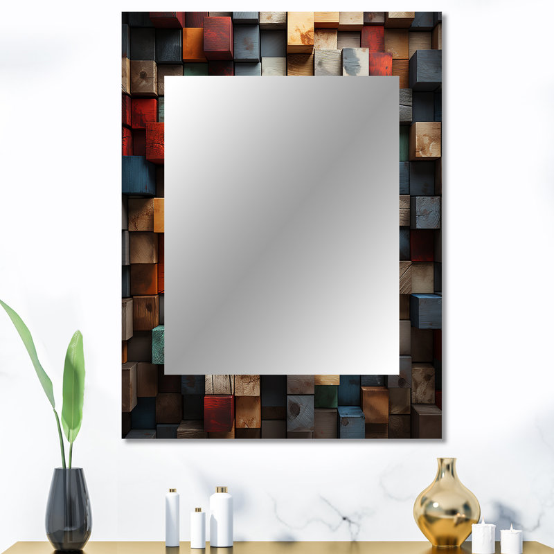 Blue and red abstract cubes II - Cubism Wall Mirror, Modern Decorative Mirror, Printed Metal Art, 40" x 30"