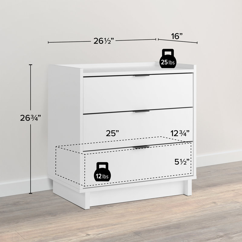 Chaunta 26.5'' W Nightstand Bedside Table, Nightstand for Bedroom, End Table with 3 Drawers 26.5" W x 26.75" H x 16" D, White