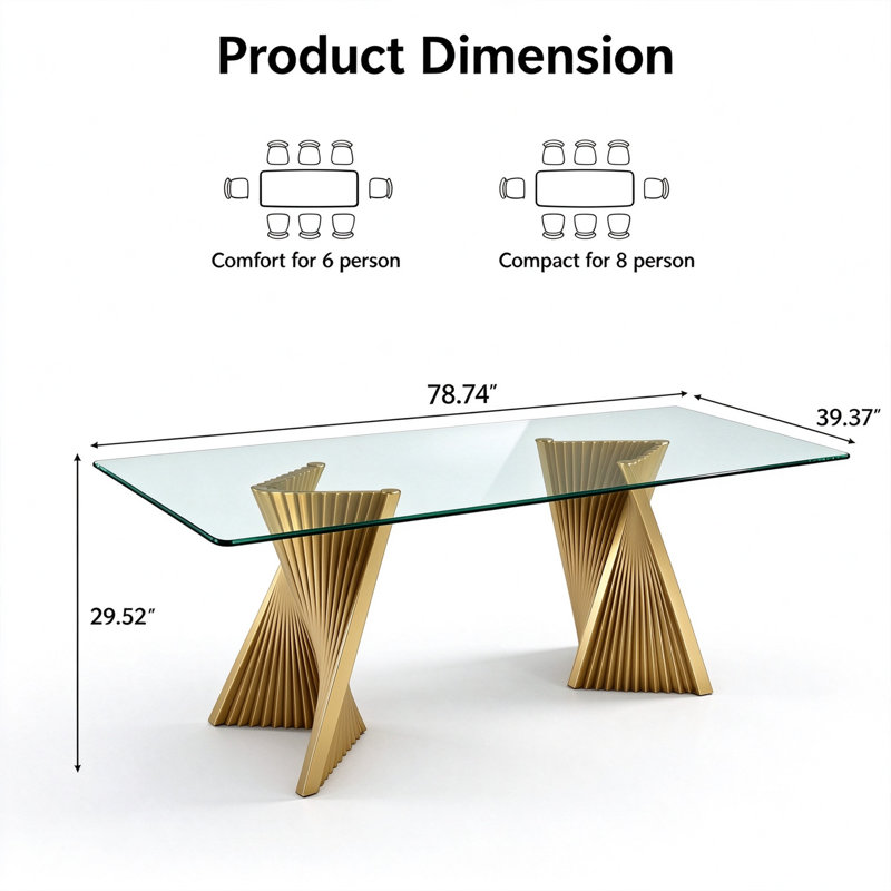 Table de salle à manger 78,74 po rectangulaire en verre trempé avec base en acier inoxydable doré, luxe moderne, Clear