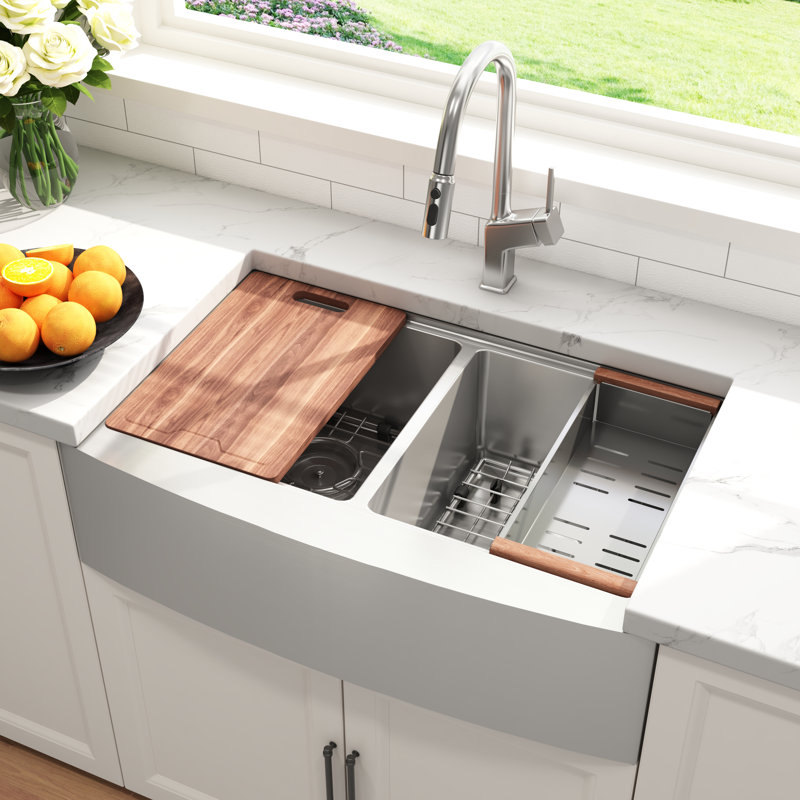 Évier de cuisine à tablier avant double cuve Blenzia 36 po, acier inoxydable calibre 16, 36 po x 21 po x 10 po