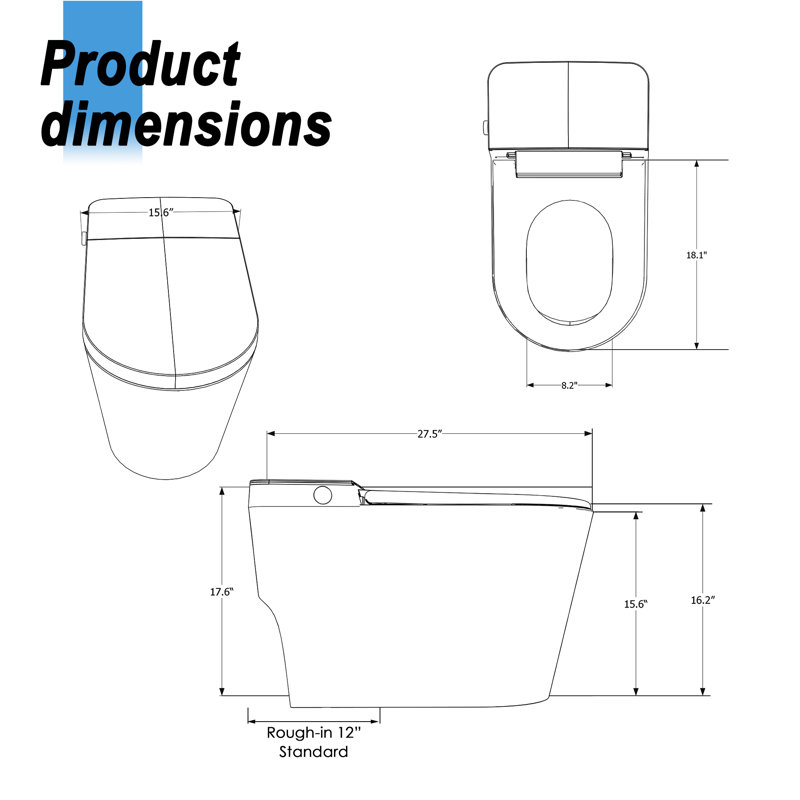 Smart Bidet Toilet with Heated Seat & Built-in Tank, 1.08 GPF Auto Flush Bidet Toilet with Adjustable Warm Water, Dryer, Foam Shield, 3 Standard Option