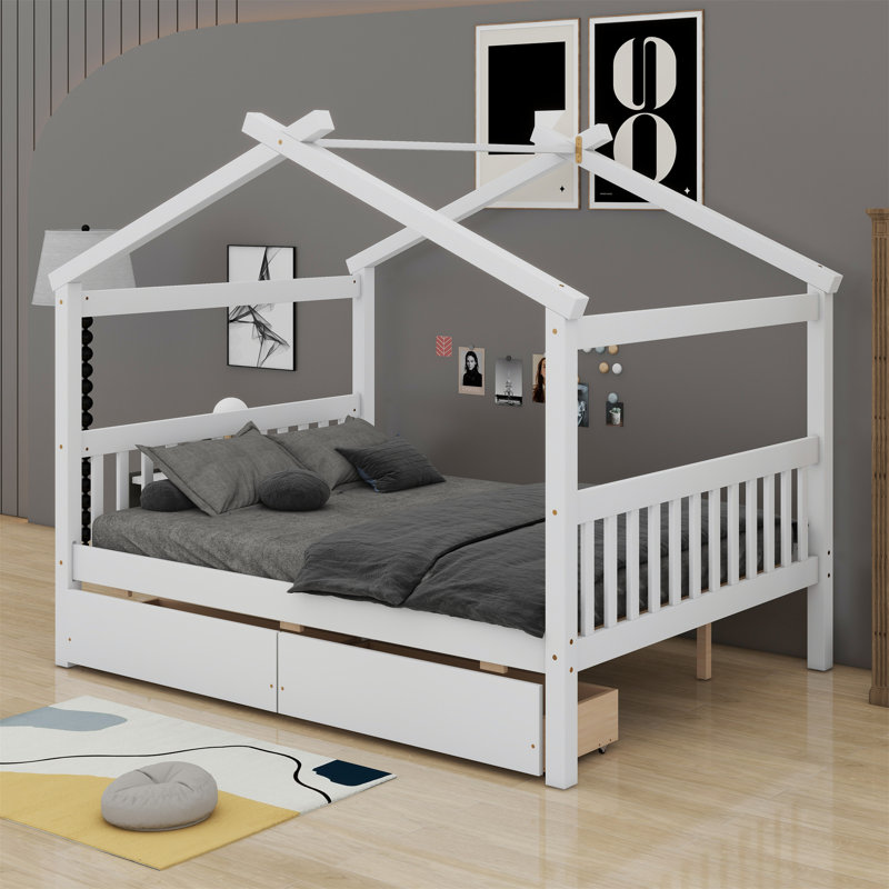 Lit en bois avec tiroirs, Blanc