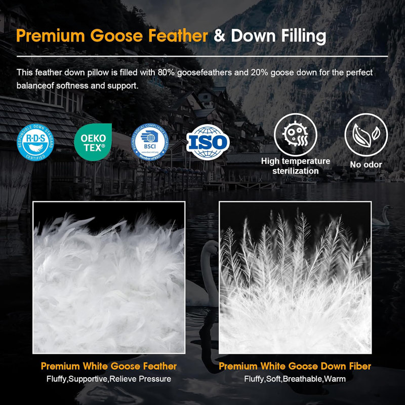 White Goose Feather Down Pillow for Sleeping 100% Cotton Pillow Cover Cloud Soft Breathable, King: 20"*36"