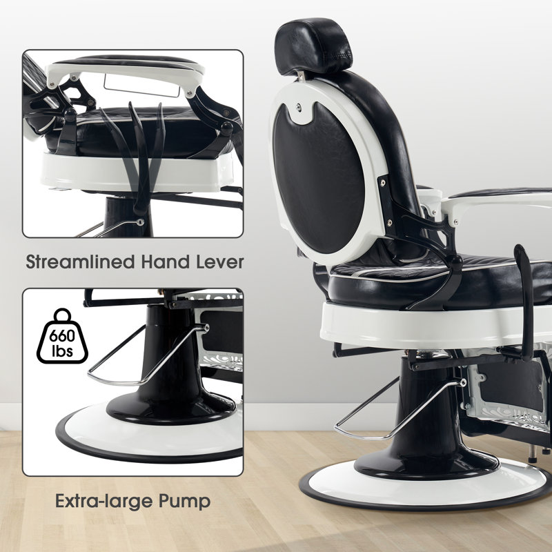 Keniah 27.6" Wide Vintage Heavy Duty Salon Chair, Hydraulic Swivel Barber Chair, Black/White