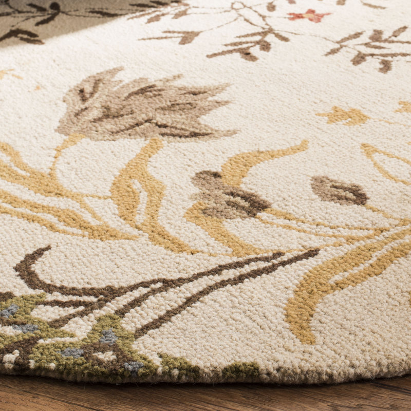 Emrick Hand Hooked Wool/Cotton/Latex Floral Rug in Beige, Round 6'