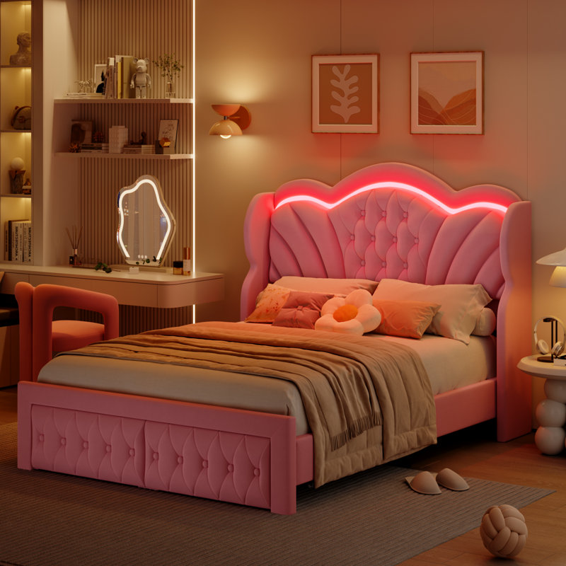 Velvet Upholstered Wingback Bed, Storage Bed with LED Lights, Queen, Pink