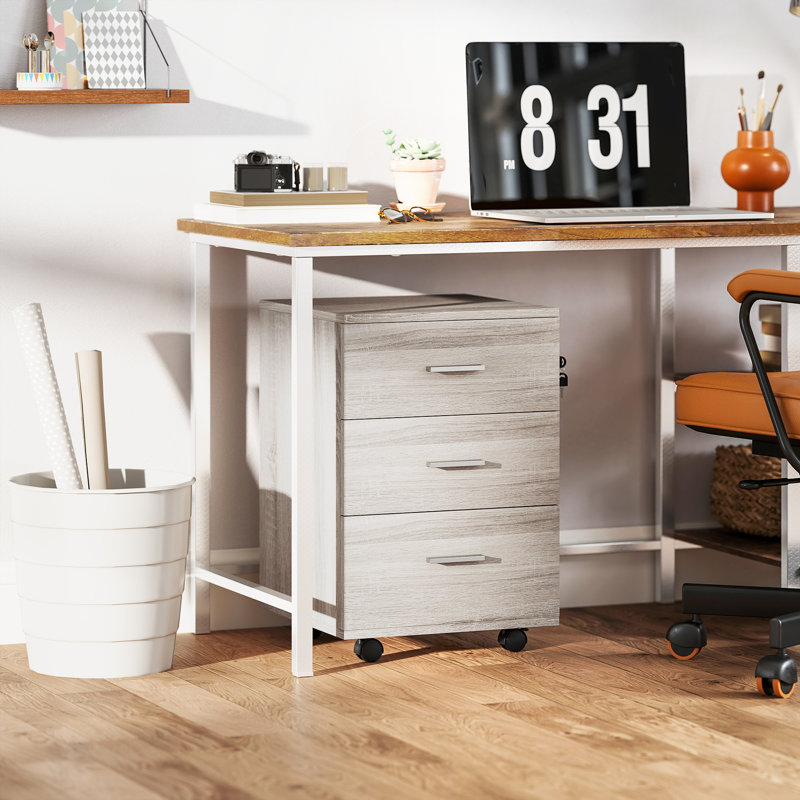 3 Drawer File Cabinet with Lock and Wheels, Grey Wood Grain