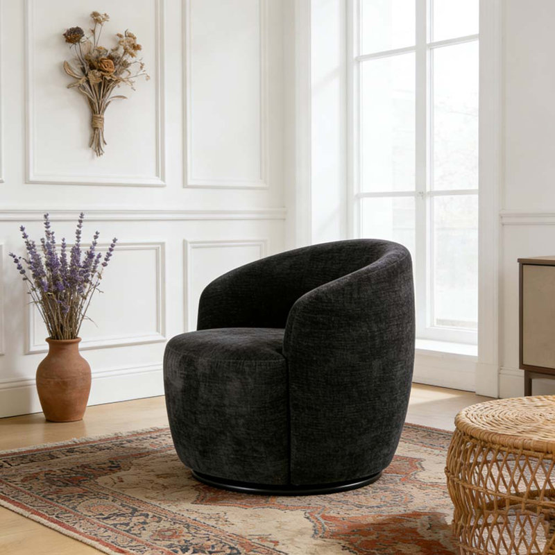 Chenille Fabric Swivel Accent Armchair Barrel Chair, Black