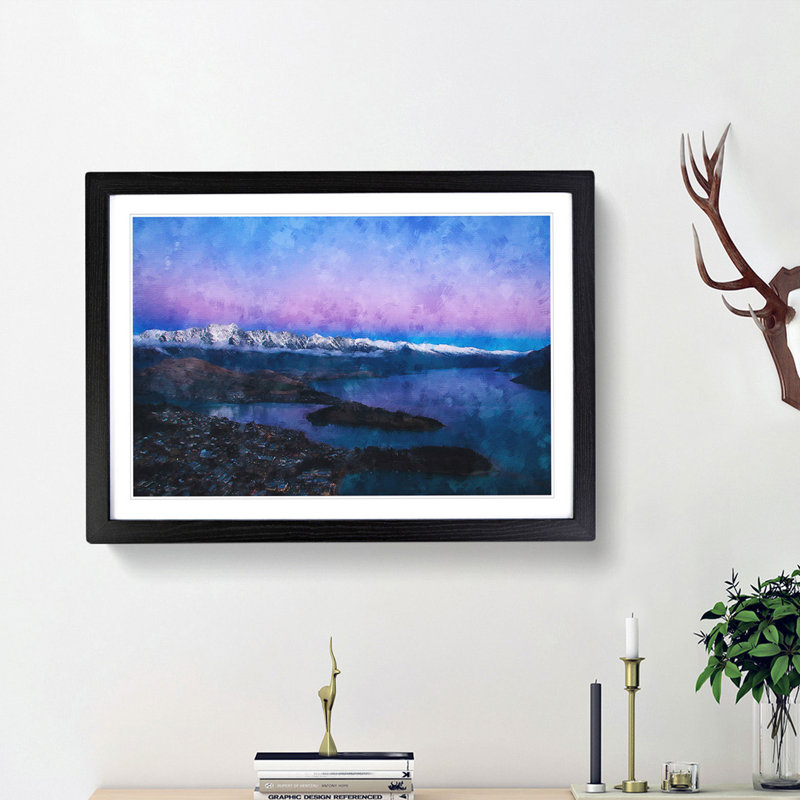 Lake in Queenstown New Zealand - Picture Frame Painting Print, Black Framed, 27cm H x 36cm W x 2cm D