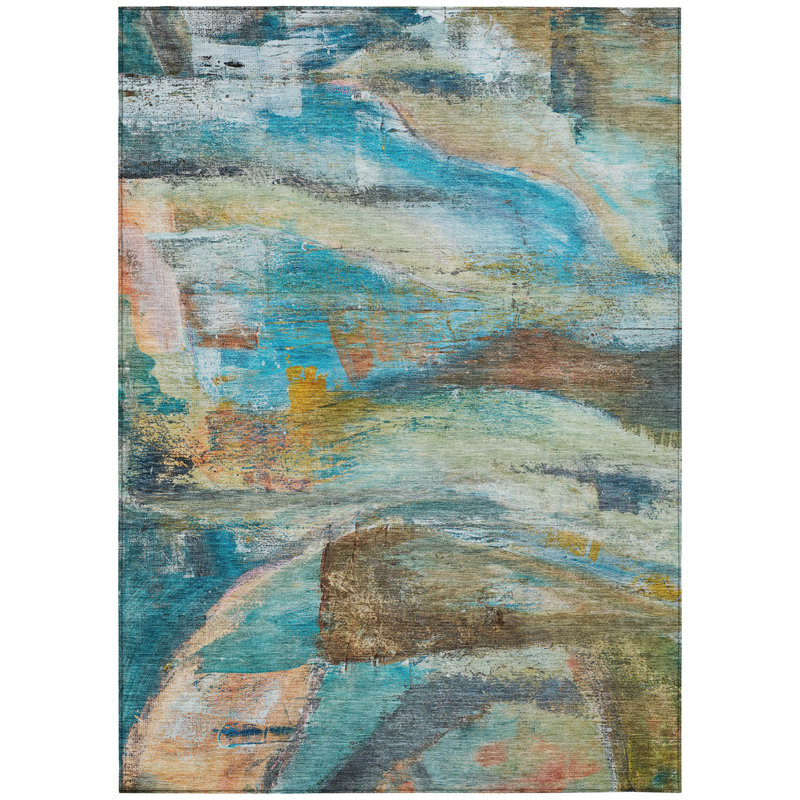 Machine Washable Indoor/Outdoor Xhevrie Teal Rug, Rectangle 8' x 10'