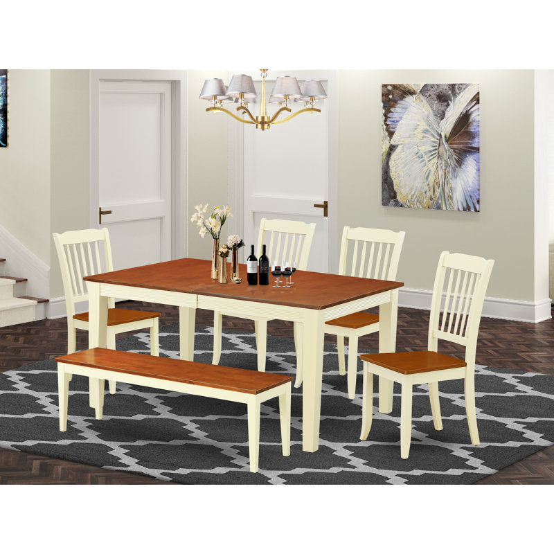 6 Piece Dining Room Furniture Set Contains a Rectangle Kitchen Table with Butterfly Leaf and 4 Dining Chairs with a Bench, Buttermilk & Cherry