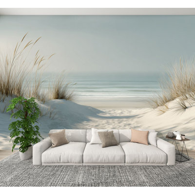 Coastal Peel and Stick Wallpaper Tranquil Ocean View Dunes Slender Grasses Wall Murals 100"H x 144"W Removable Relaxing Seascape Wall Paper Self-Adhesive Wall Decor for Bedroom Living Room Home Office