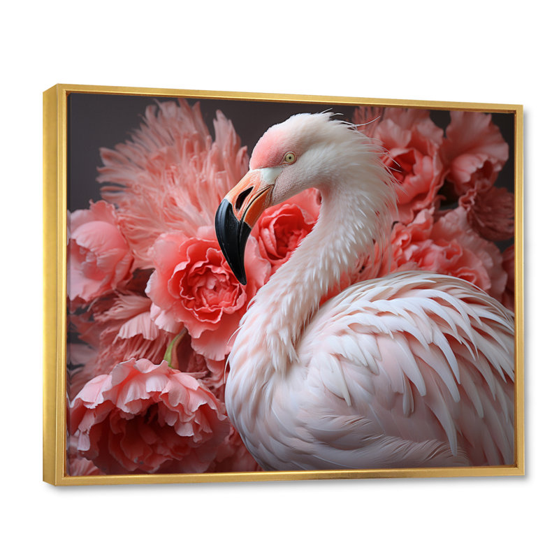 Flamant rose élégance I - imprimé, Cadre flottant doré, H 24 po x l 32 po x P 1 po