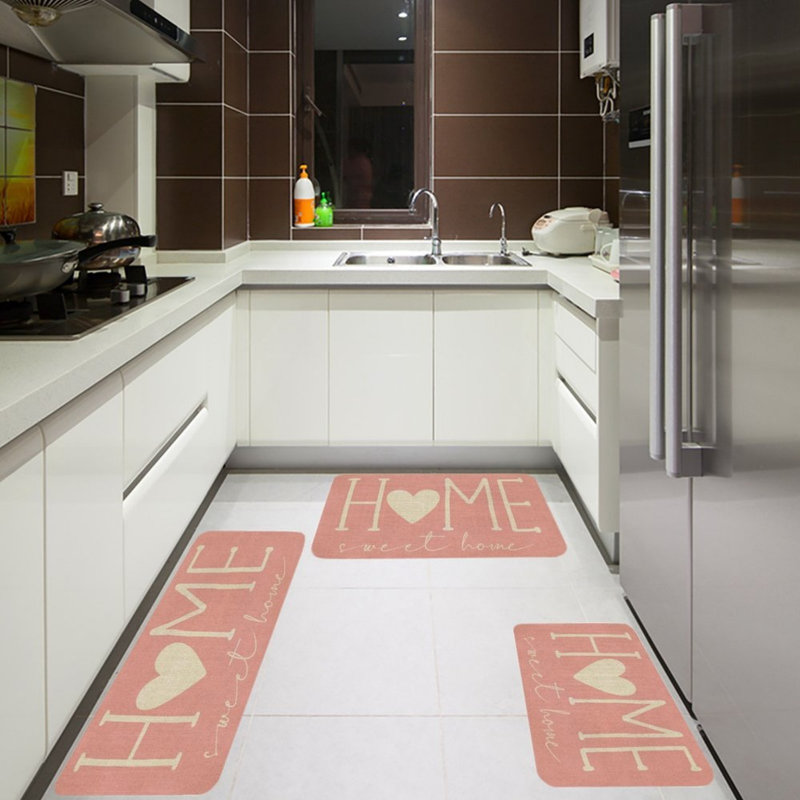 Ensemble de 3 tapis de cuisine rose et beige Home Sweet Home