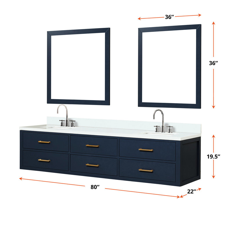 80 po L x P 22 po, meuble-lavabo double bleu, comptoir en quartz blanc, robinet, 36 miroirs