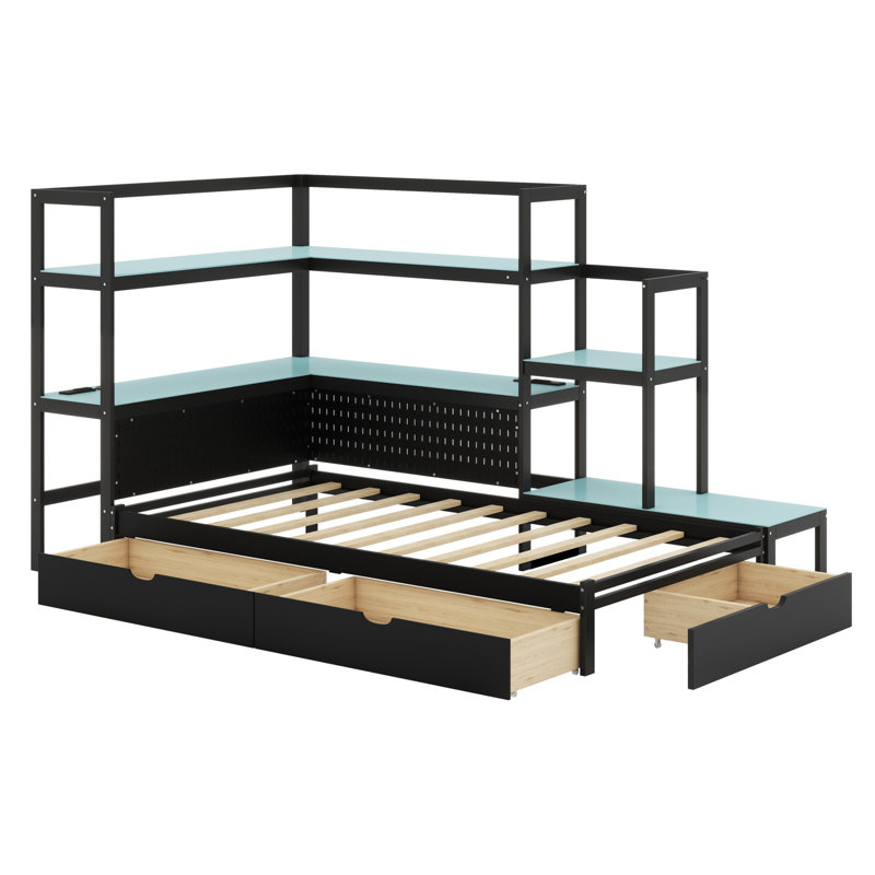 Contemporary Daybed with Desk, LED Lighting, Drawers, Shelves & Charging Station, Black+Blue