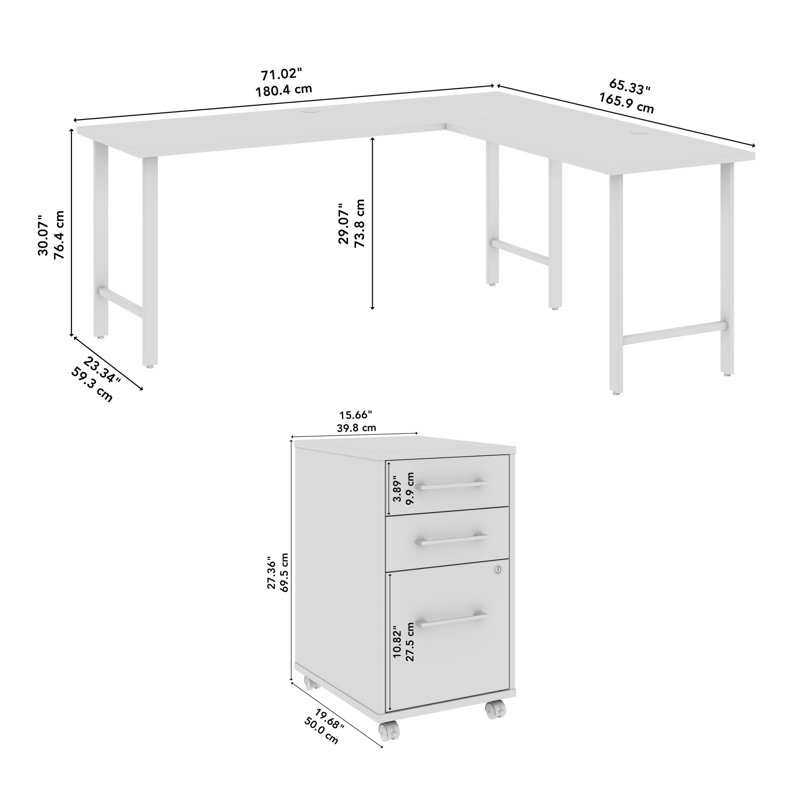 Bureau d'ordinateur en forme de L 72 po x 24 po avec classeur mobile réversible Bush Business Furniture Hustle, Blanc