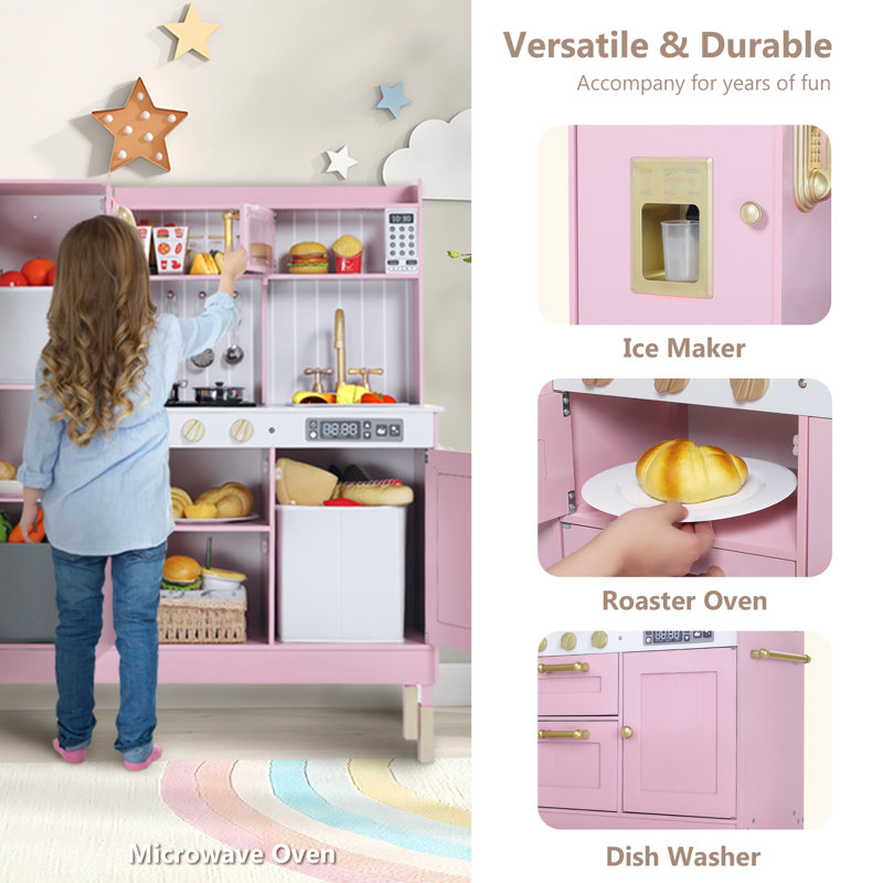 Pretend Play Kitchen Wooden Toy Set for Kids w/Lights & Sounds, Utensils, Oven, Microwave, Gift for Boys Girls Age 3+, Pink