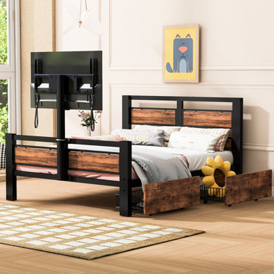 Black, Twin, Metal Bed, Head And Foot Sections Design, Storage Compartments, Daily Use, Rotatable Tv Stand, Slats, No Shaking, Smooth Sleep, Box Spring Needed Twin Size Platform Bed In Black With
