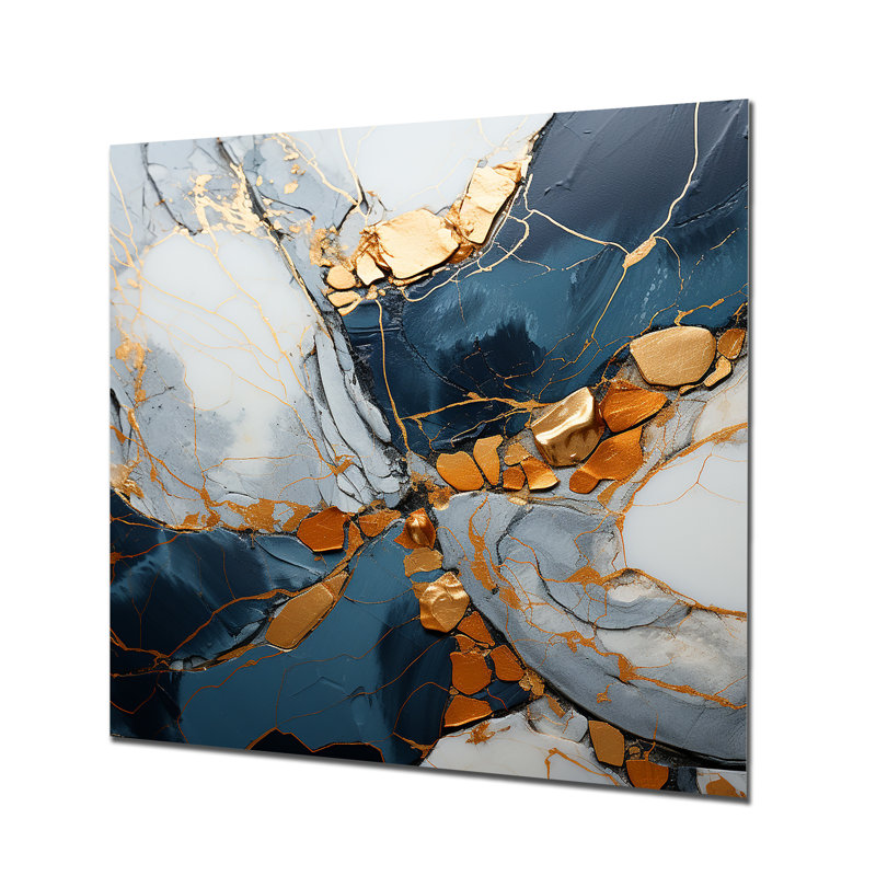 Marbre doré et bleu abstrait, art liquide - encre liquide, art mural abstrait en métal, H 36 po x l 36 po