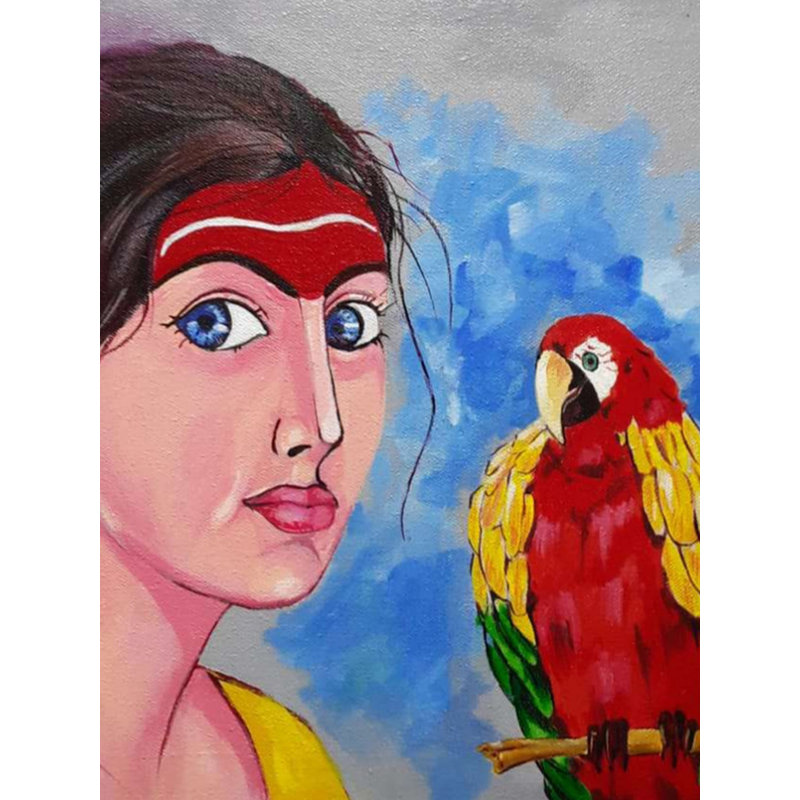 Femme avec oiseau | Acrylique sur toile | Par K B Shikharte