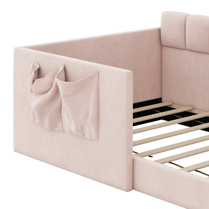 Lit de jour rembourré avec panneaux latéraux hauts, entrée latérale et poches de rangement intégrées, Rose