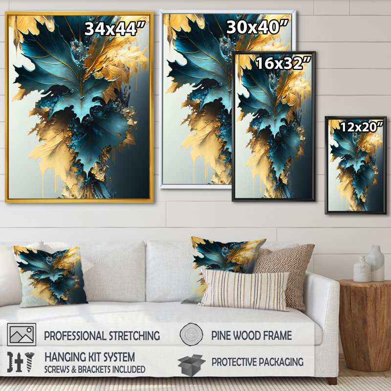Abstrait bleu et feuilles d'or II - feuilles, art mural, H 20 po x l 12 po x P 1 po, Toile avec cadre flottant noir