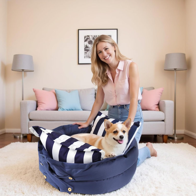 Man Friend Comfort Wowmax Calming Dog Bed For Medium Size Dogs Up To 18.1 kg, Round Dog Beds With Removable Washable Cover, Anti-Anxiety Dogs Beds, Pet Beds With Non-Slip Bottom, 58.4 × 22.9 cm, Blue Stripes