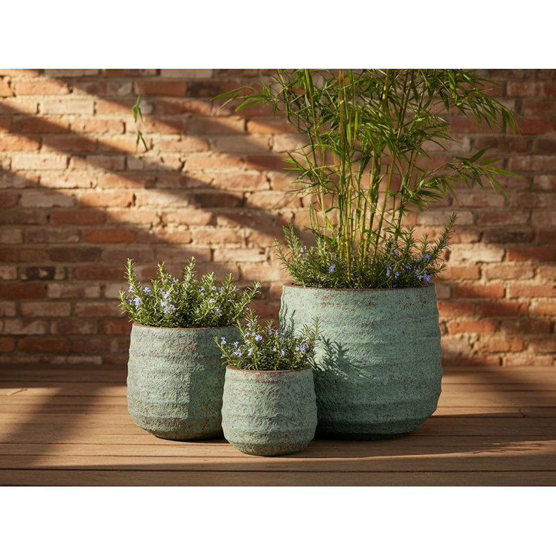 Pot de fleurs ondulé horizontal, grand format, en fibre de verre légère, ensemble de 3 - Intérieur/Extérieur