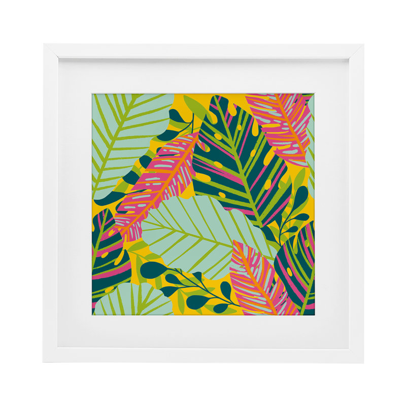 «Tropical Leaf Toss», impression sous verre, par Jilly Jack Designs, H 13 po x l 13 po, Cadre blanc côtier