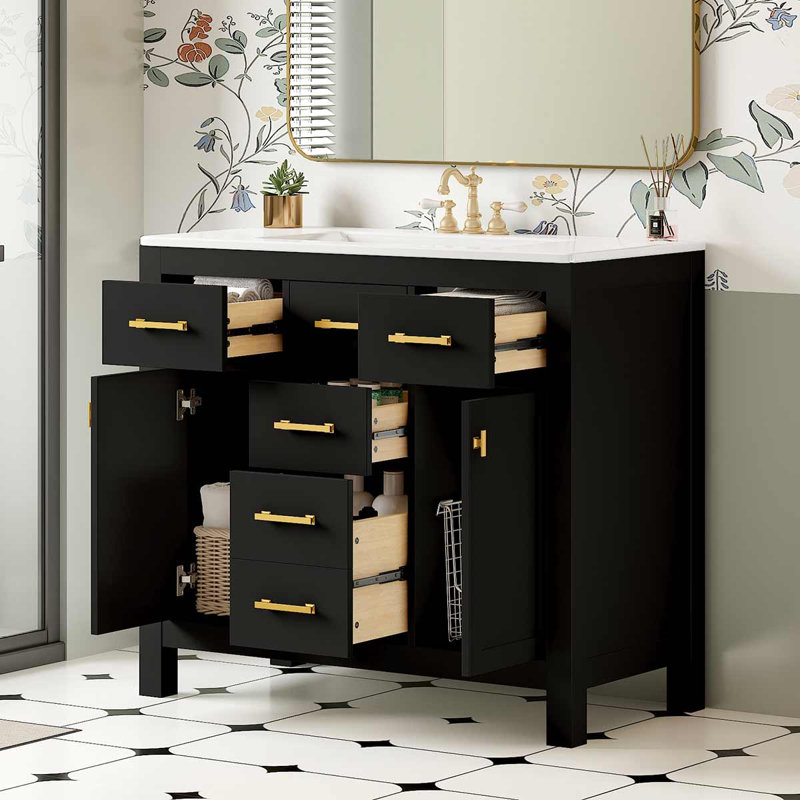 Meuble-lavabo autoportant moderne 36 po avec lavabo en céramique, 4 tiroirs et 2 armoires Modern, Noir