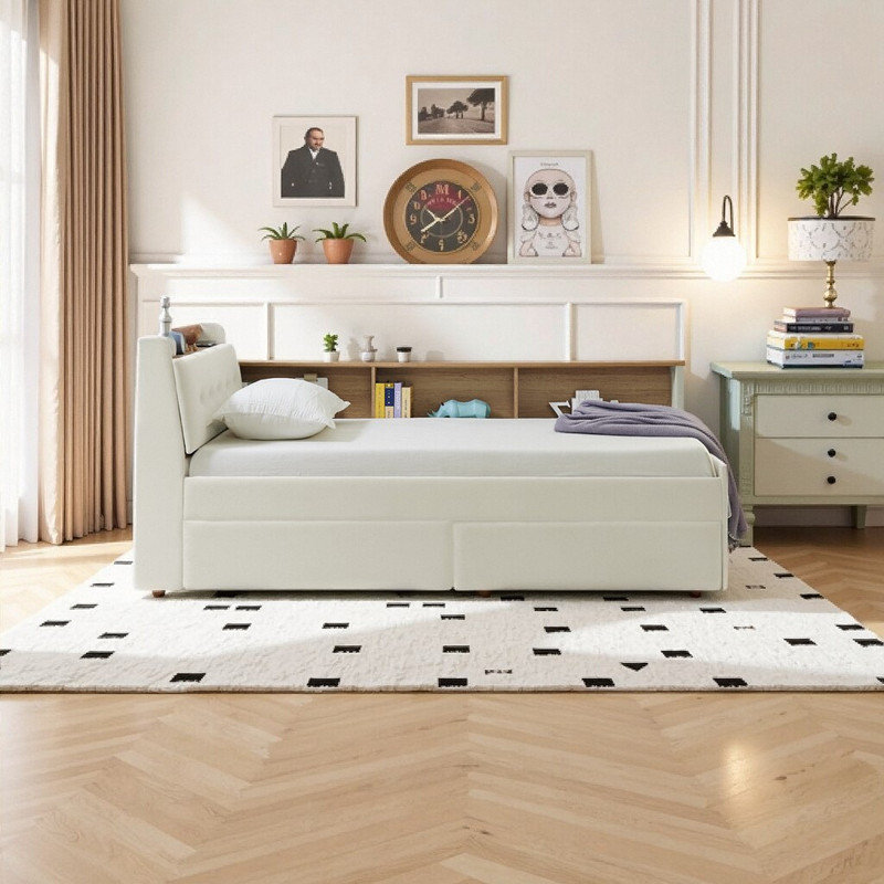 Lit de jour simple avec tiroirs de rangement, tête de lit à DEL et chargement sans fil, Beige