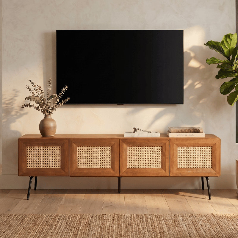  NTC Mossic TV Media Cabinet, Entertainment Center with Natural Rattan, Metal Legs, Modern Storage Console for Living Room and Bedroom, Effortless Assembly