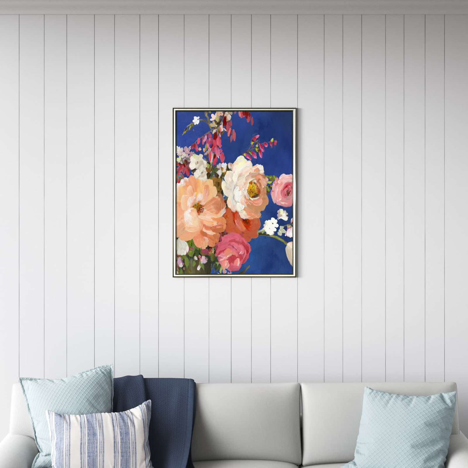 Calliope "Midnight Garden Flowers I" Painting, 36.75" H x 26.75" W x 0.75" D, Silver Framed